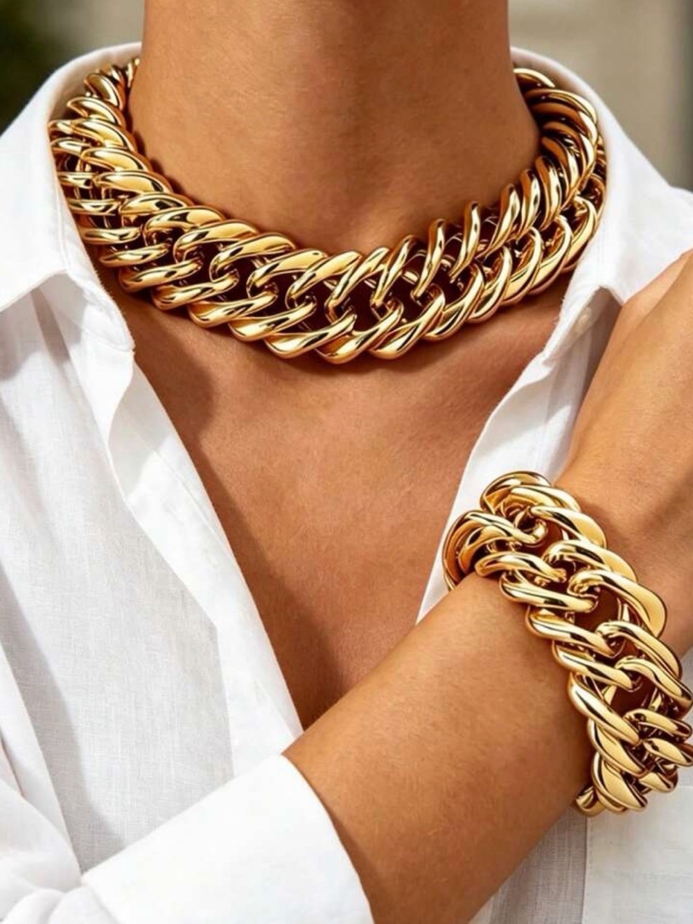 Gold Chunky Chain Necklace and Bracelet Set - Women Jewelry